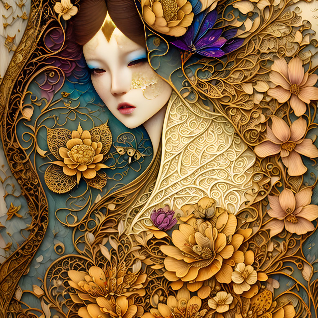 Digital artwork of woman with pale skin, dark lips, golden crown, surrounded by intricate floral patterns.