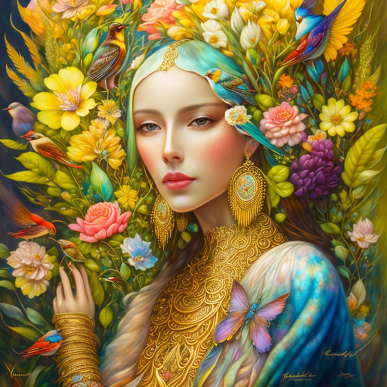 Colorful woman with gold jewelry, flowers, and birds in vibrant illustration