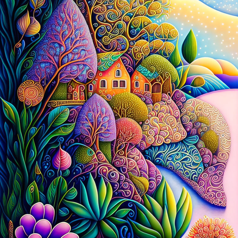 Colorful whimsical landscape with stylized trees, house, and swirling patterns at dusk