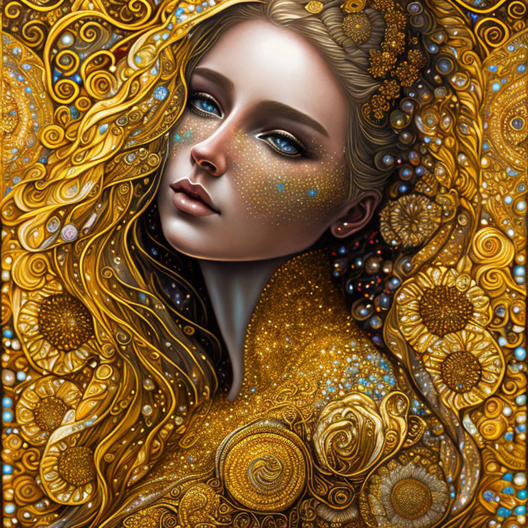 Detailed digital portrait of a woman with golden hair and cosmic floral patterns