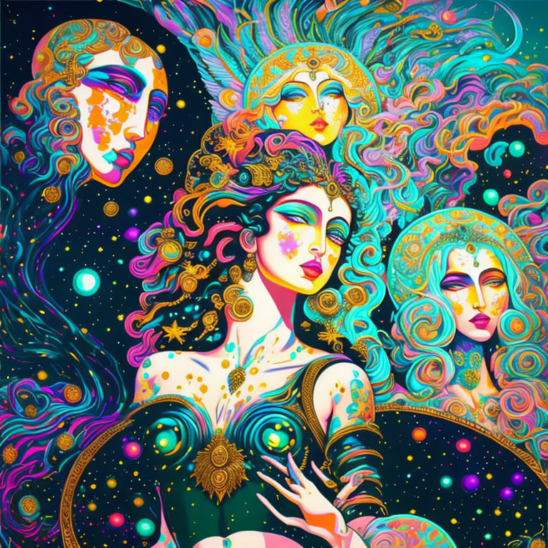 Colorful psychedelic artwork: Three stylized female faces with cosmic elements