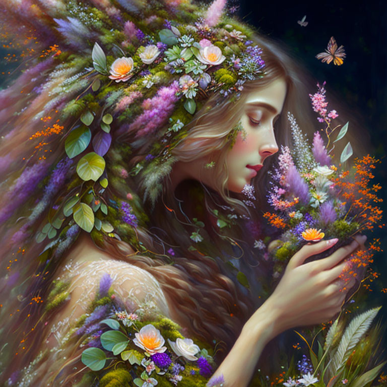 Woman with flower-adorned hair and bouquet in mystical setting