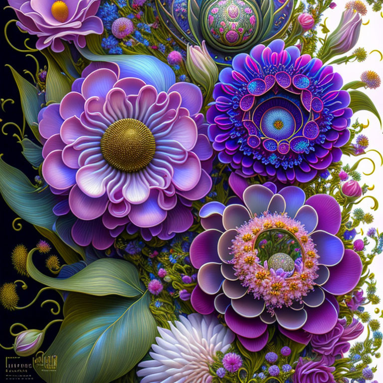 Colorful digital artwork: Intricate flowers in purple, pink, and blue on dark background