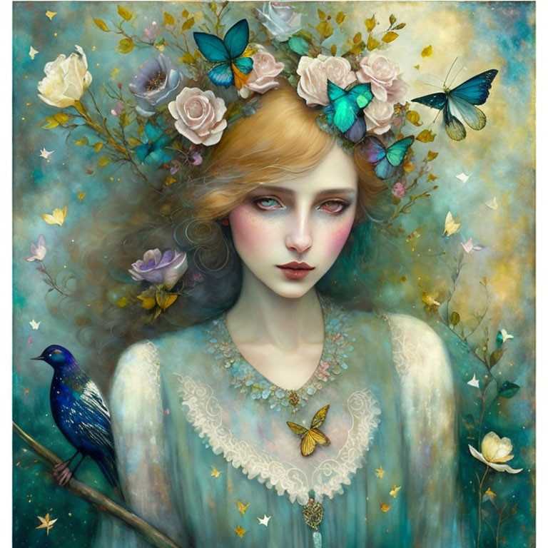 Illustrated woman with butterflies, flowers, starry glow, and bird on branch