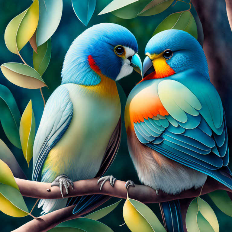 Vibrantly colored parrots on branch with blue and yellow feathers