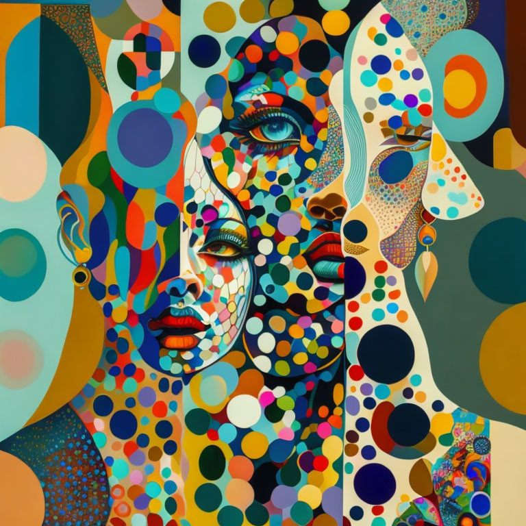 Colorful Abstract Artwork: Women's Faces Mosaic with Circular Patterns