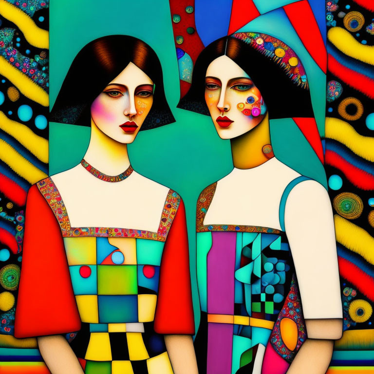 Stylized female figures in geometric outfits on vibrant background