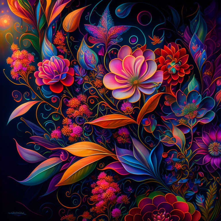 Colorful digital artwork: Luminescent flowers and foliage with mystical neon glow