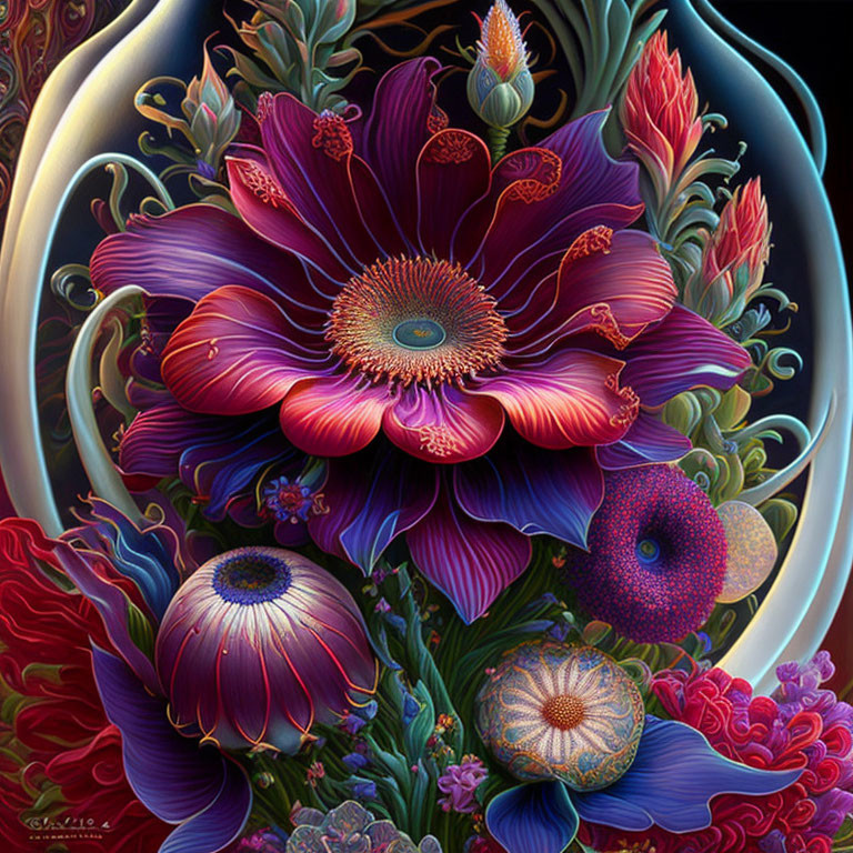 Colorful Digital Artwork of Stylized Flowers in Purple, Red, and Blue