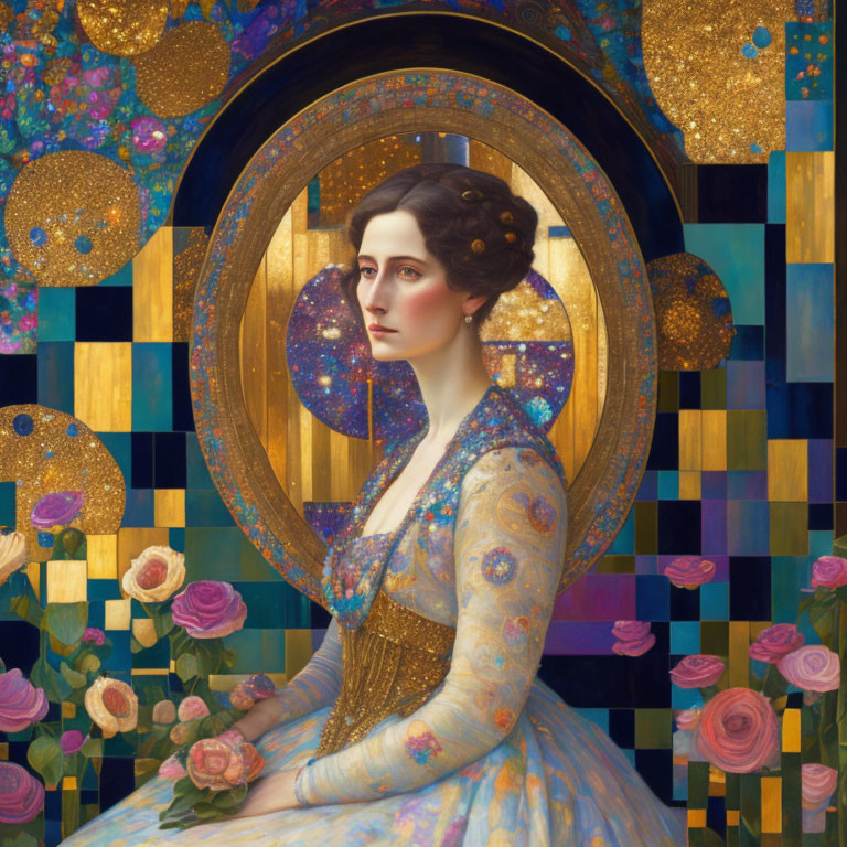 Woman Portrait with Ornate Dress in Art Nouveau Style