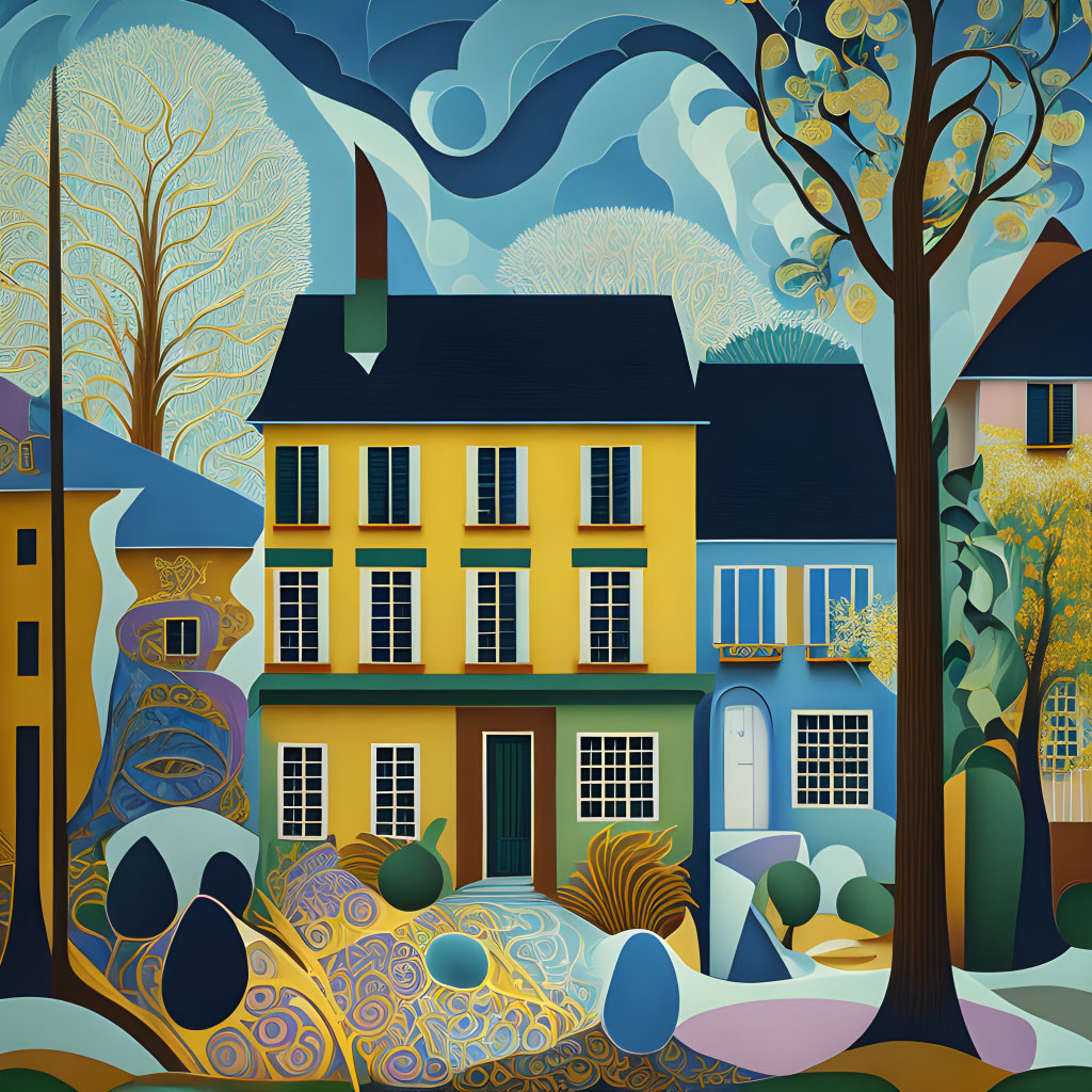 Yellow House with Green Shutters in Whimsical Artwork