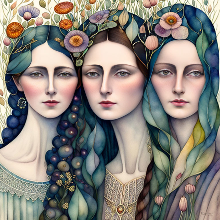 Stylized women with ornate headdresses in floral setting