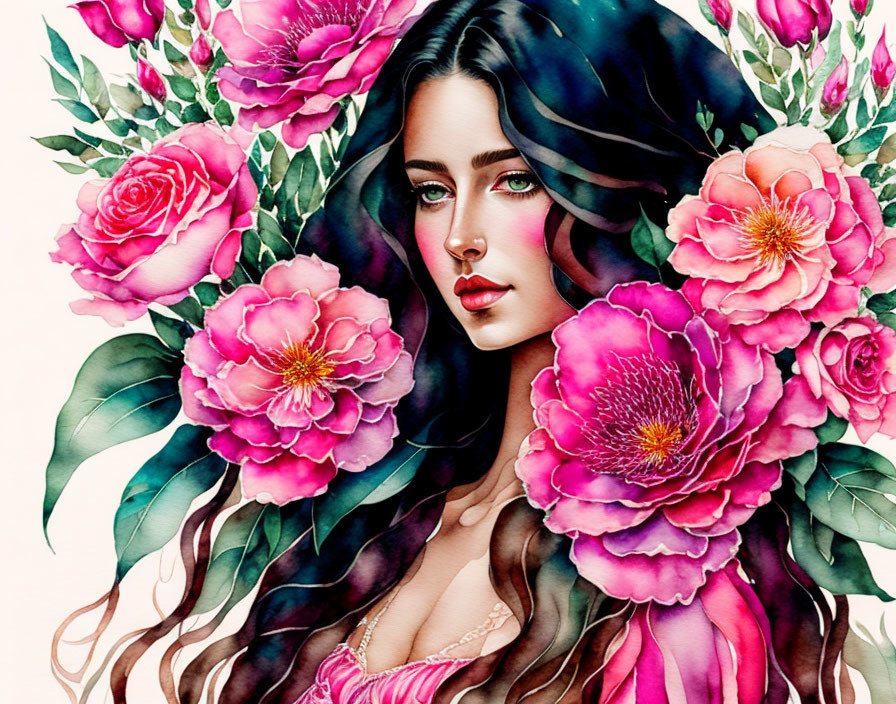 Illustrated Woman with Blue Hair, Pink Roses, and Green Leaves