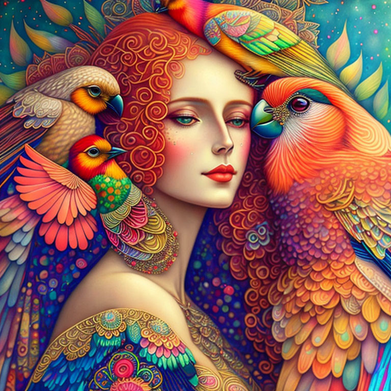 Red Curly-Haired Woman with Colorful Birds on Vibrant Background