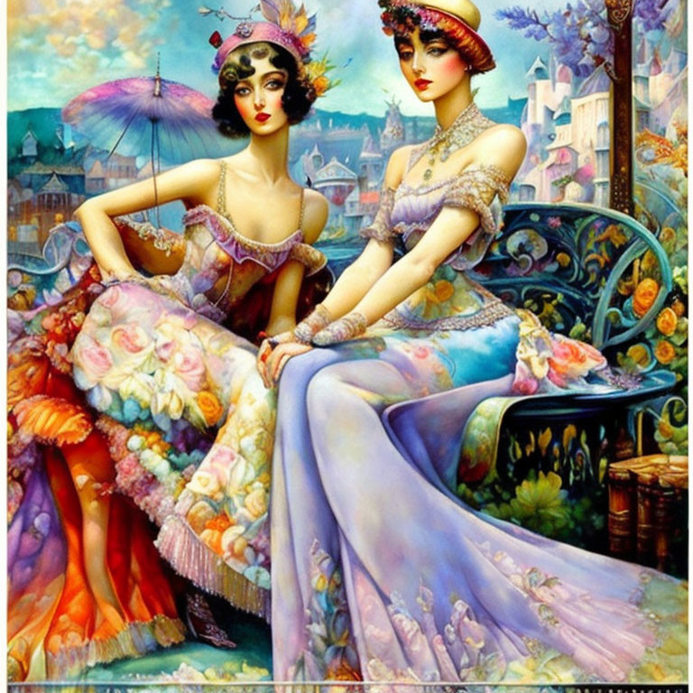 Elegantly dressed women on vintage sofa in colorful, fantastical setting