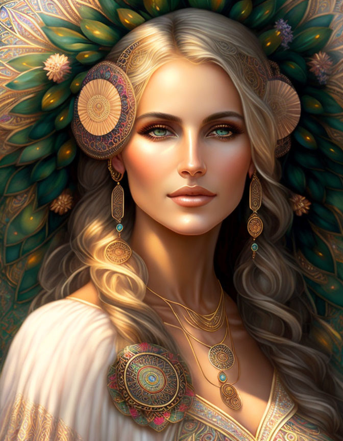 Illustrated woman with golden jewelry and mandala headdress on patterned background