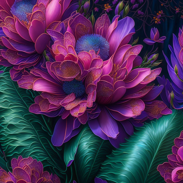 Detailed Purple and Pink Flower Digital Art Against Emerald Green Foliage