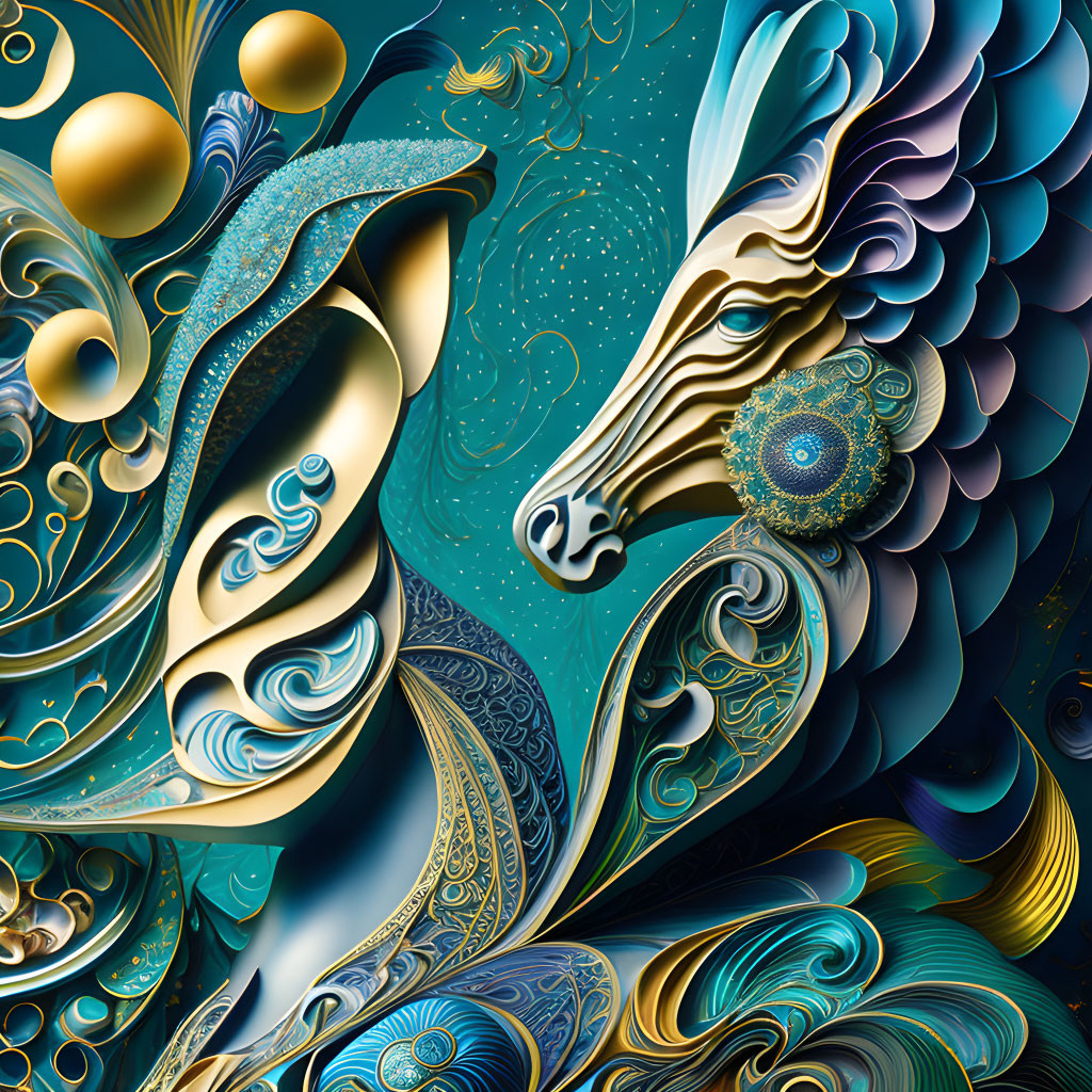 Golden seahorse and peacock in ornate digital artwork