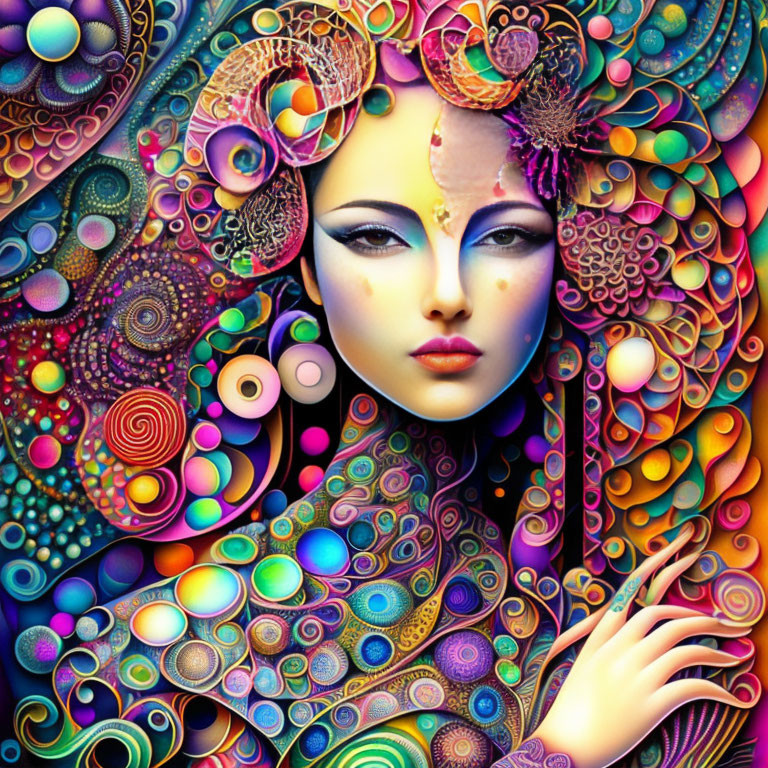 Colorful digital artwork of a woman with stylized features and intricate flora/fauna patterns