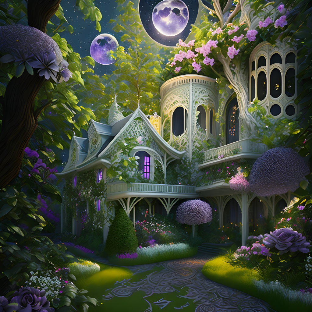 Fantasy treehouse illustration with intricate designs in lush greenery