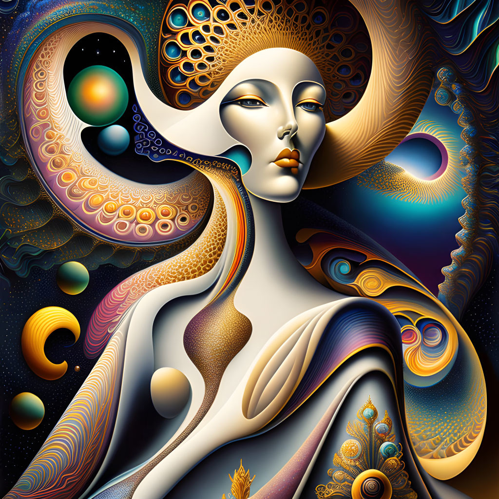 Ornate surreal portrait blending woman's face with cosmic and organic motifs