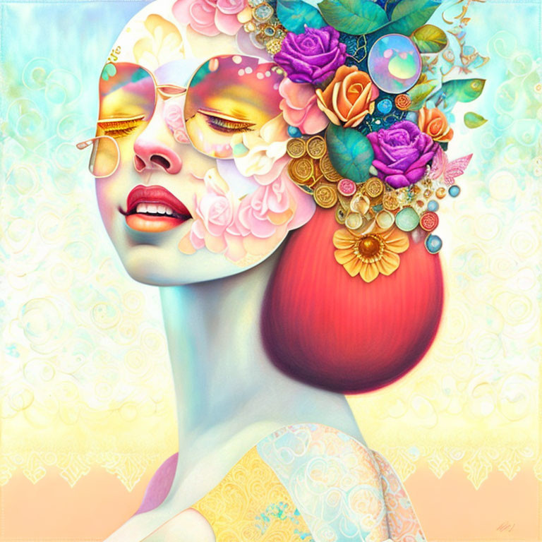 Vibrant portrait of a woman with flowers, bubbles, and ornate patterns