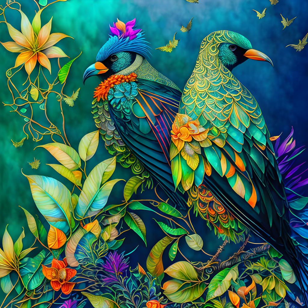 Stylized birds with ornate feathers in tropical setting on gradient background