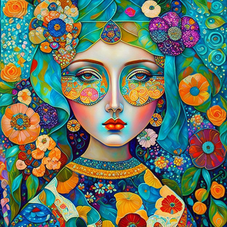 Colorful painting of a woman with blue hair and intricate floral patterns