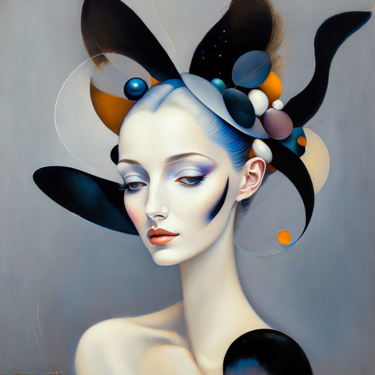 Abstract surreal portrait of a woman with stylized makeup and modern artistic headdress.