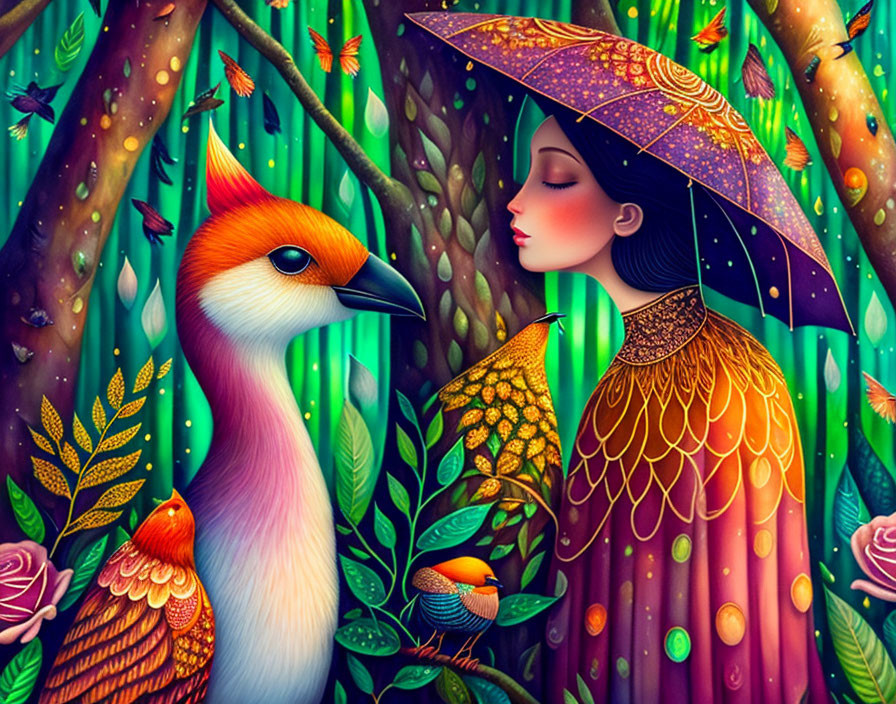 Colorful forest scene with woman and bird in stylized illustration