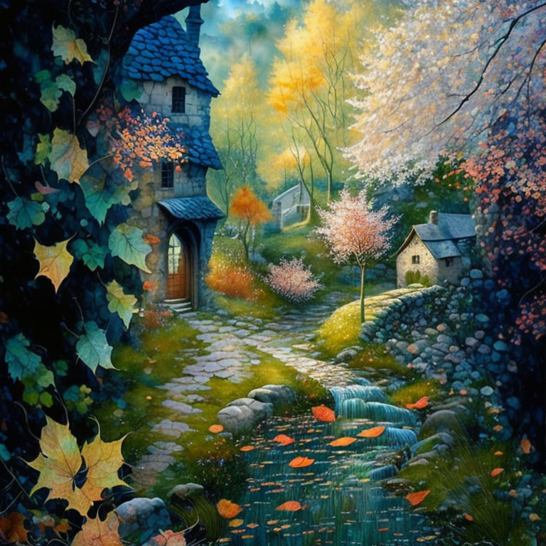 Charming fairy tale village with cobblestone path and autumn foliage