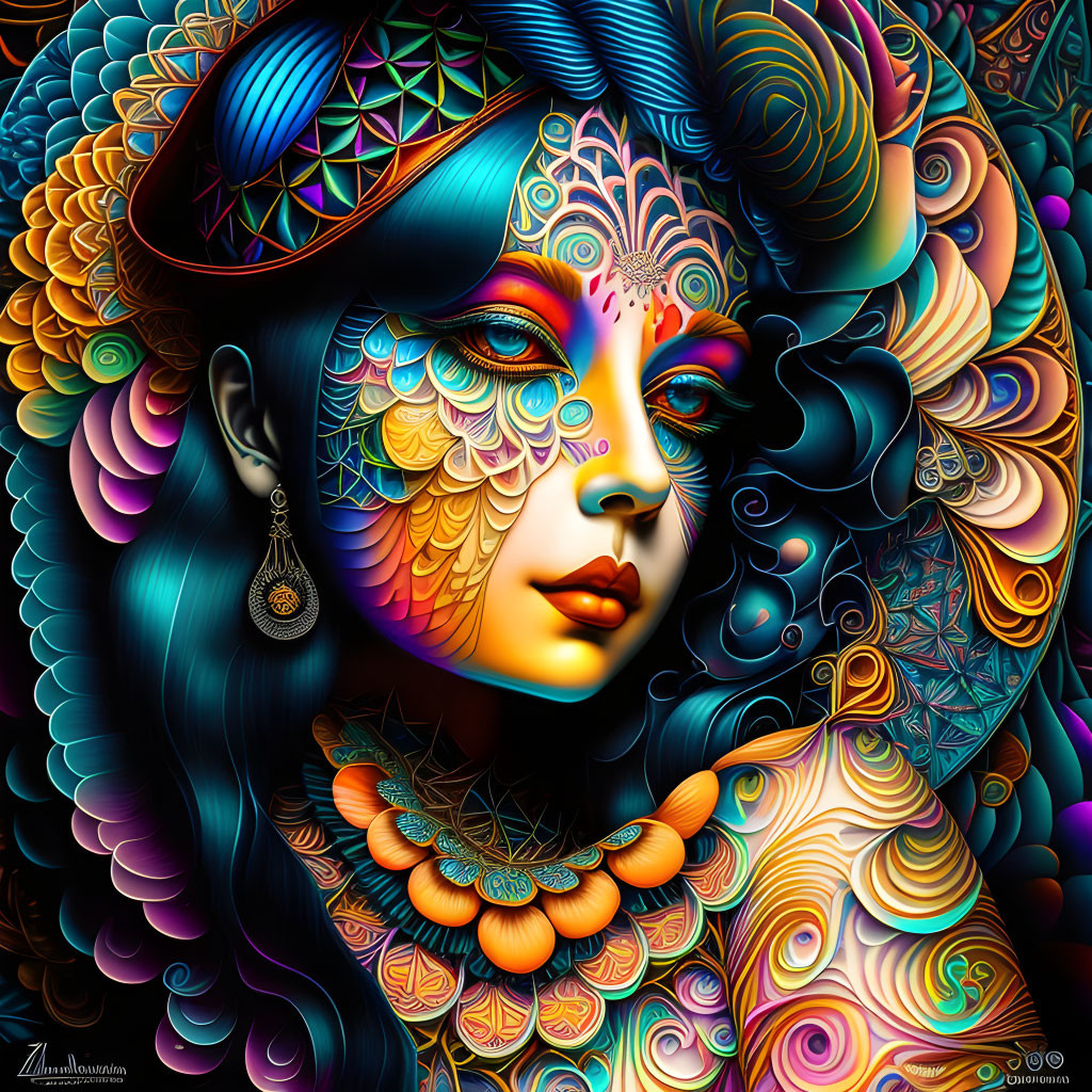 Colorful digital artwork of a woman with intricate stylized features.