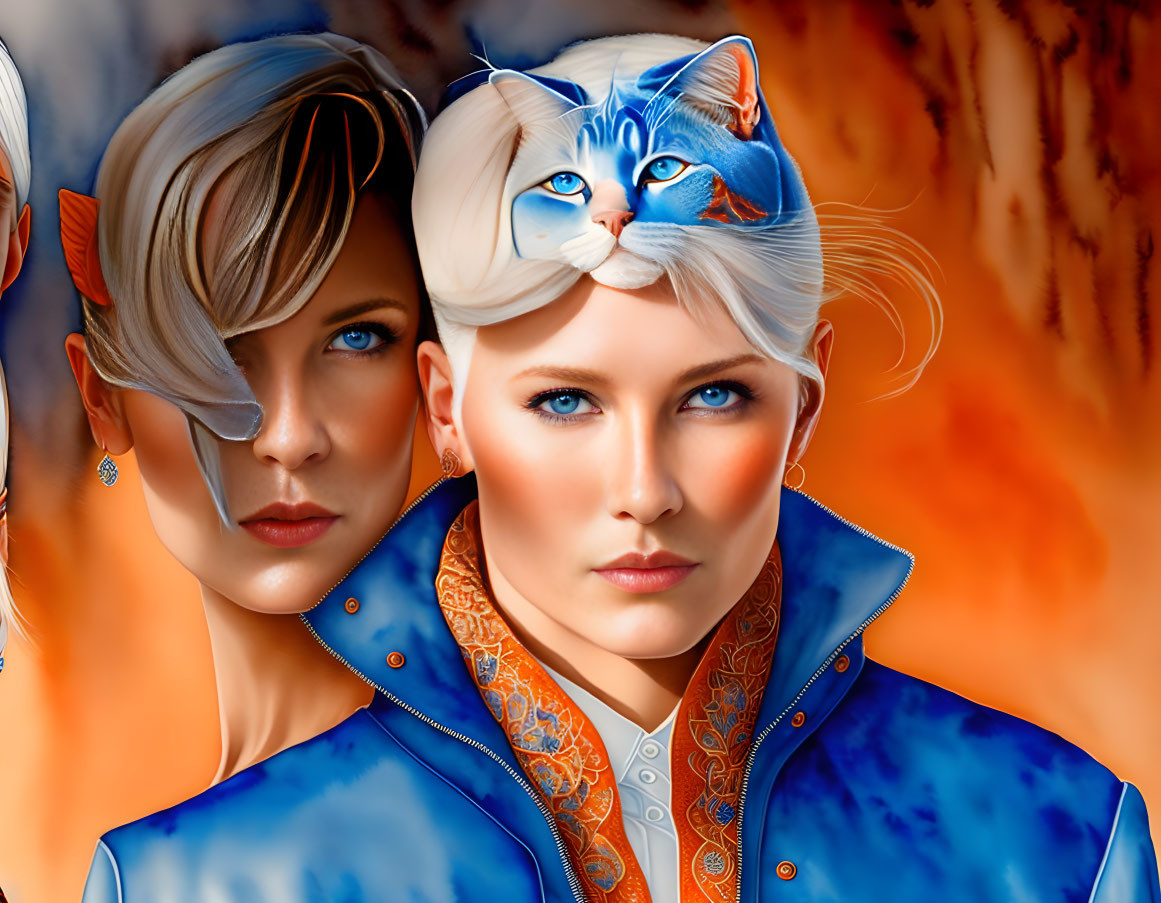 Two women with blue eyes and a cat on head on orange background