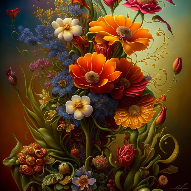 Colorful Flower Bouquet Against Gradient Background in Orange, Blue, and Yellow