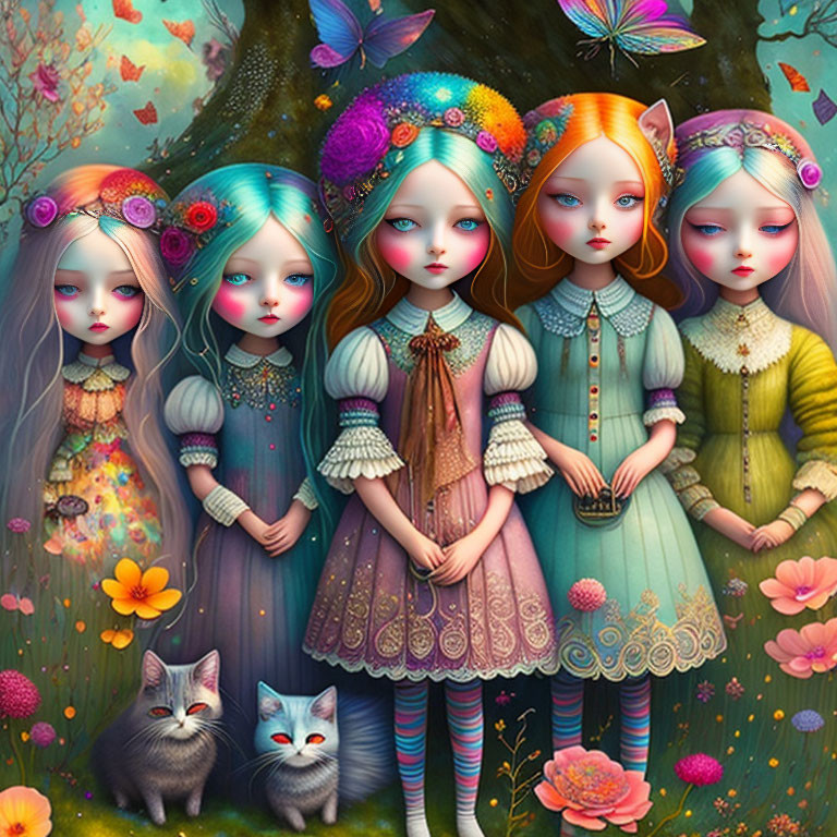 Colorful hair and whimsical clothing on five large-eyed female figures in a fantastical forest with two