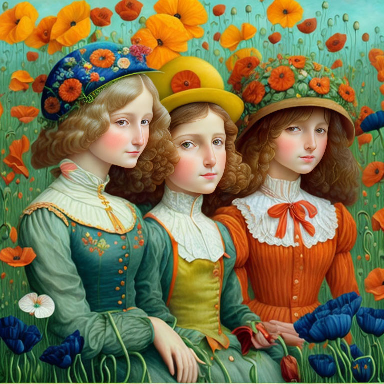 Three stylized girls with floral hats in a poppy field - serene and whimsical.