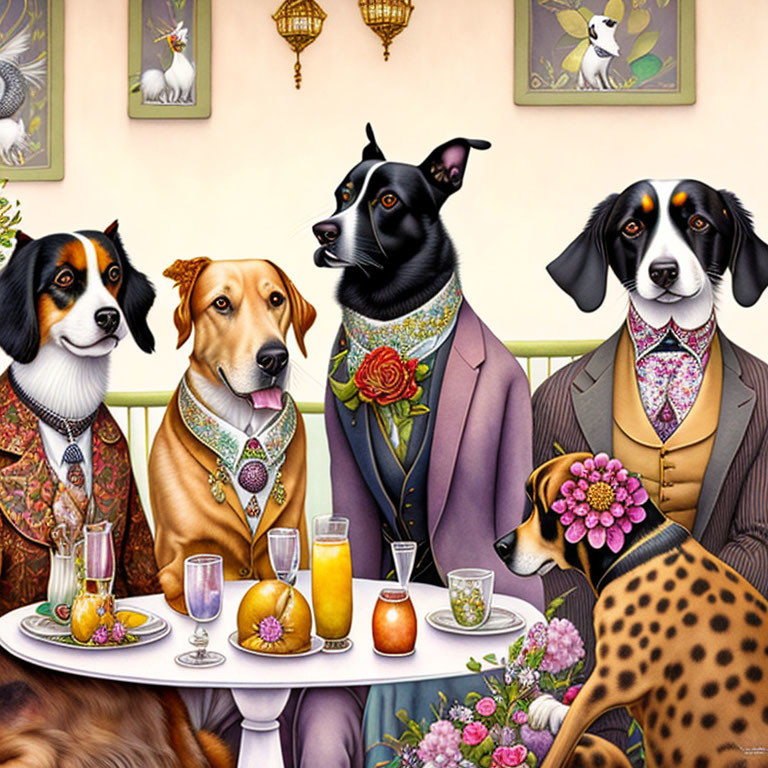 Anthropomorphic Dogs in Elegant Attire Around Table with Beverages