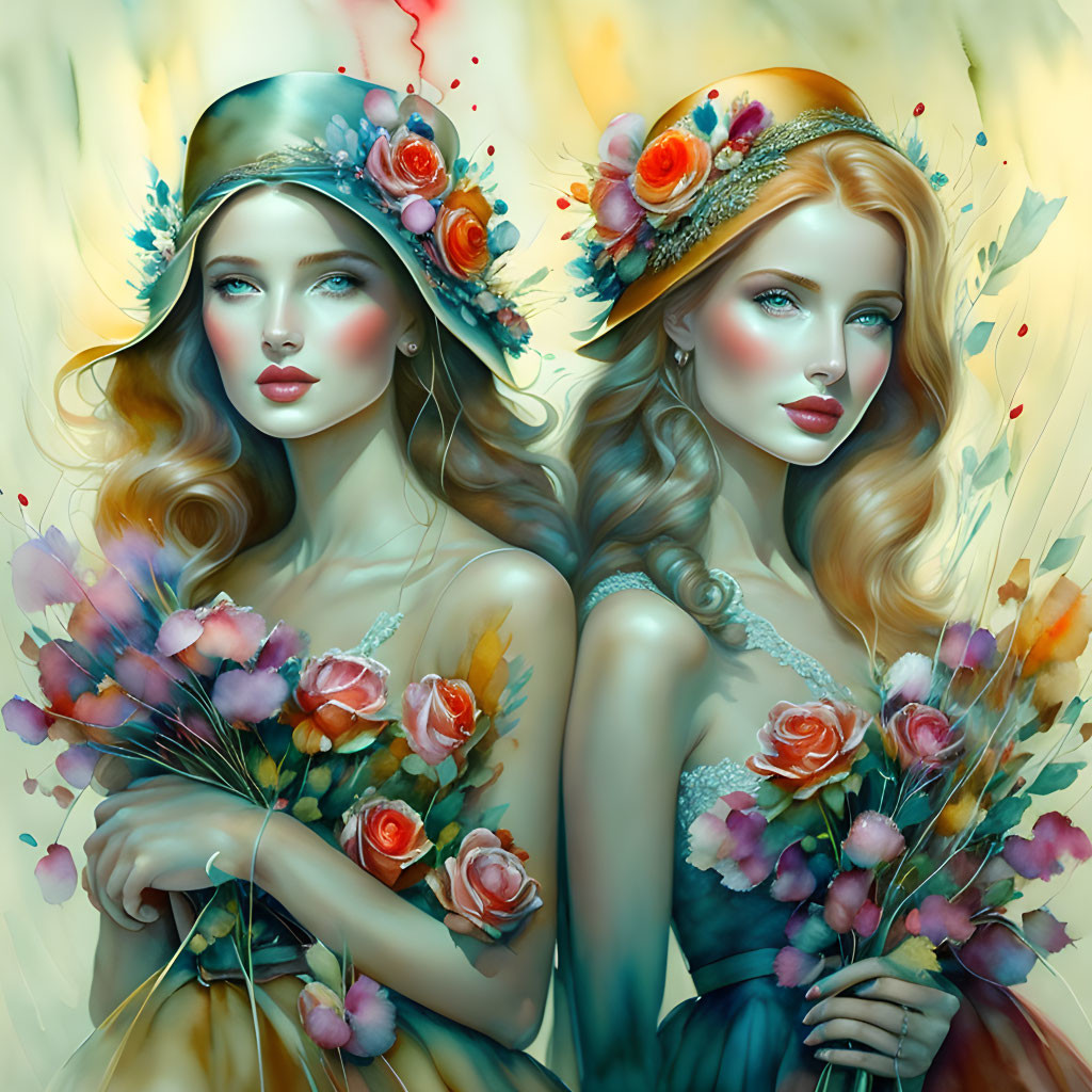 Illustrated women with floral hats and bouquets in vibrant colors