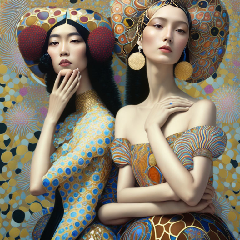 Stylized women in elaborate headpieces against gold background