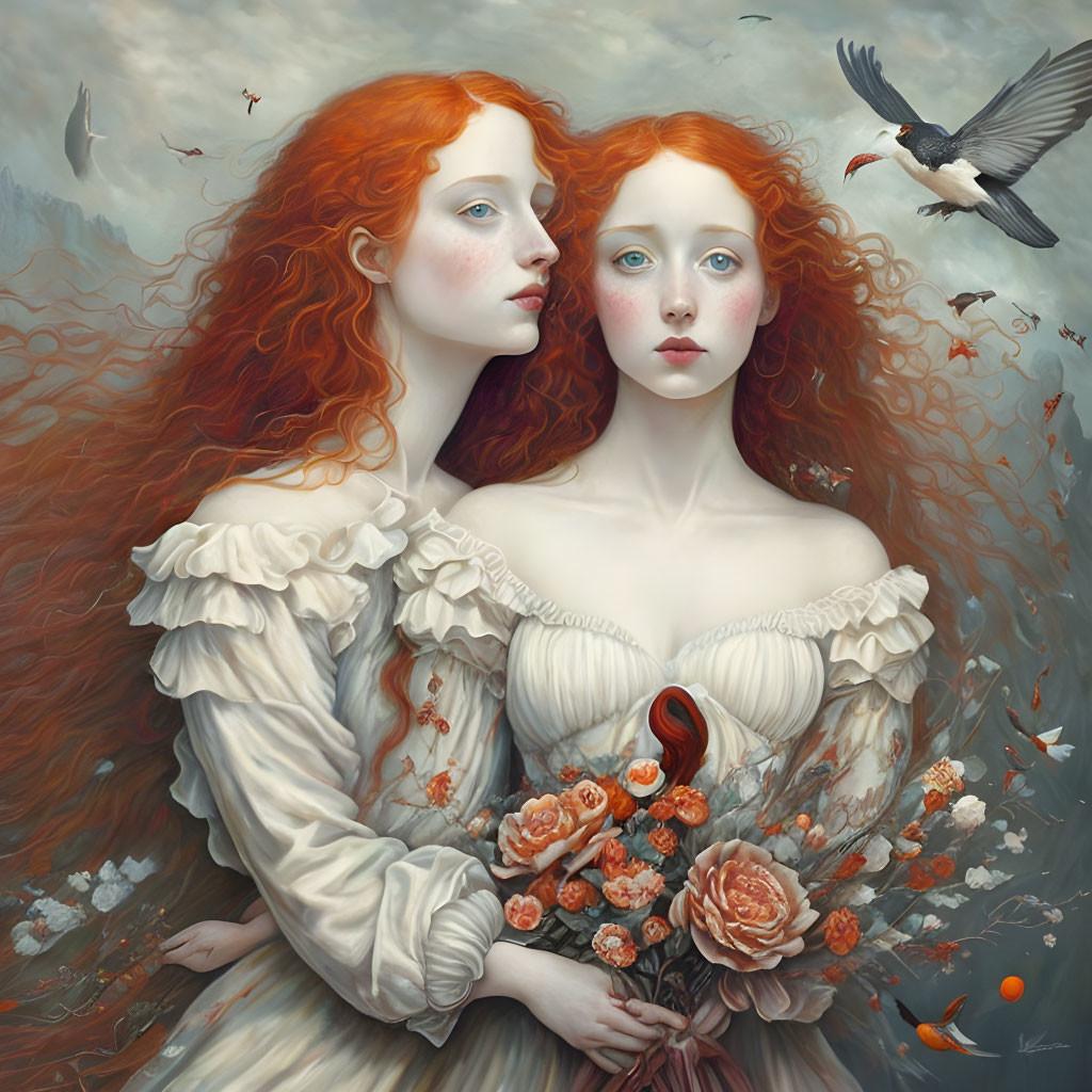 Twin women with red hair in white dresses, surrounded by flowers, butterflies, and bird