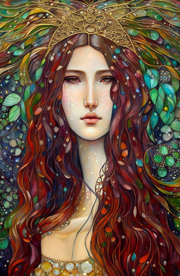 Fantastical painting: Woman with red hair, crown, beads, foliage