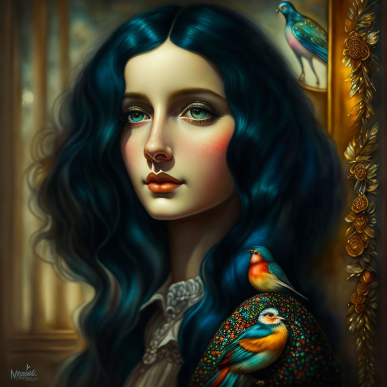 Portrait of Woman with Blue Hair and Birds on Ornate Background