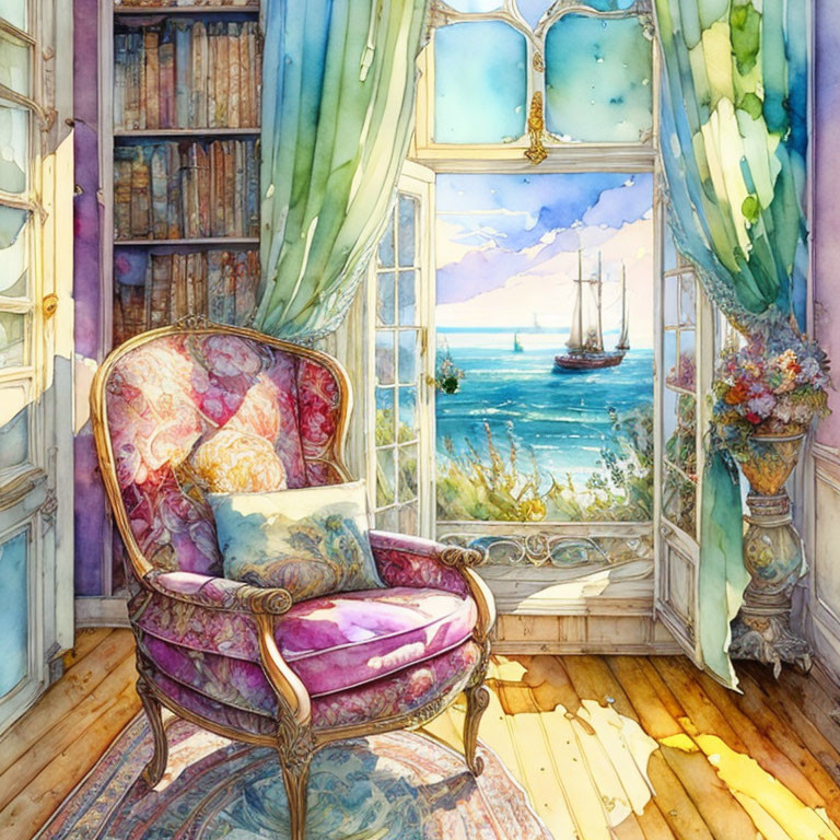 Sunlit reading nook with armchair, bookshelves, curtains, ocean view, ship.