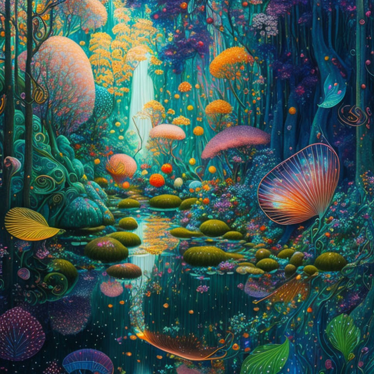 Fantastical forest scene with luminescent mushrooms and serene pond