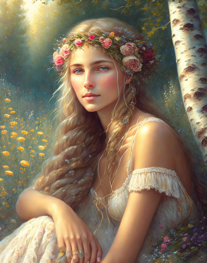 Portrait of young woman with floral crown by birch tree