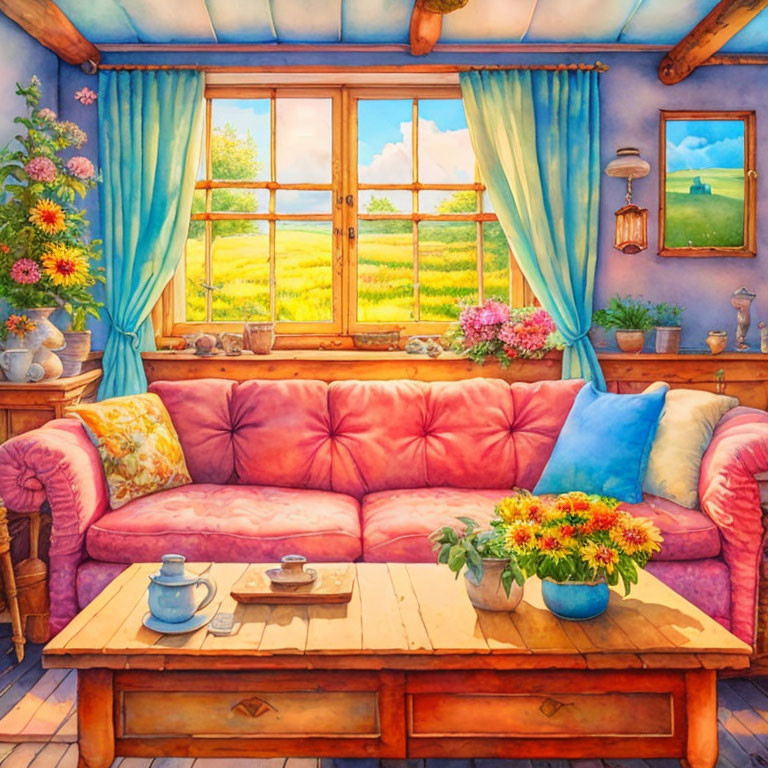 Pink sofa, wooden table, flowers, meadow view, flowing curtains in cozy room