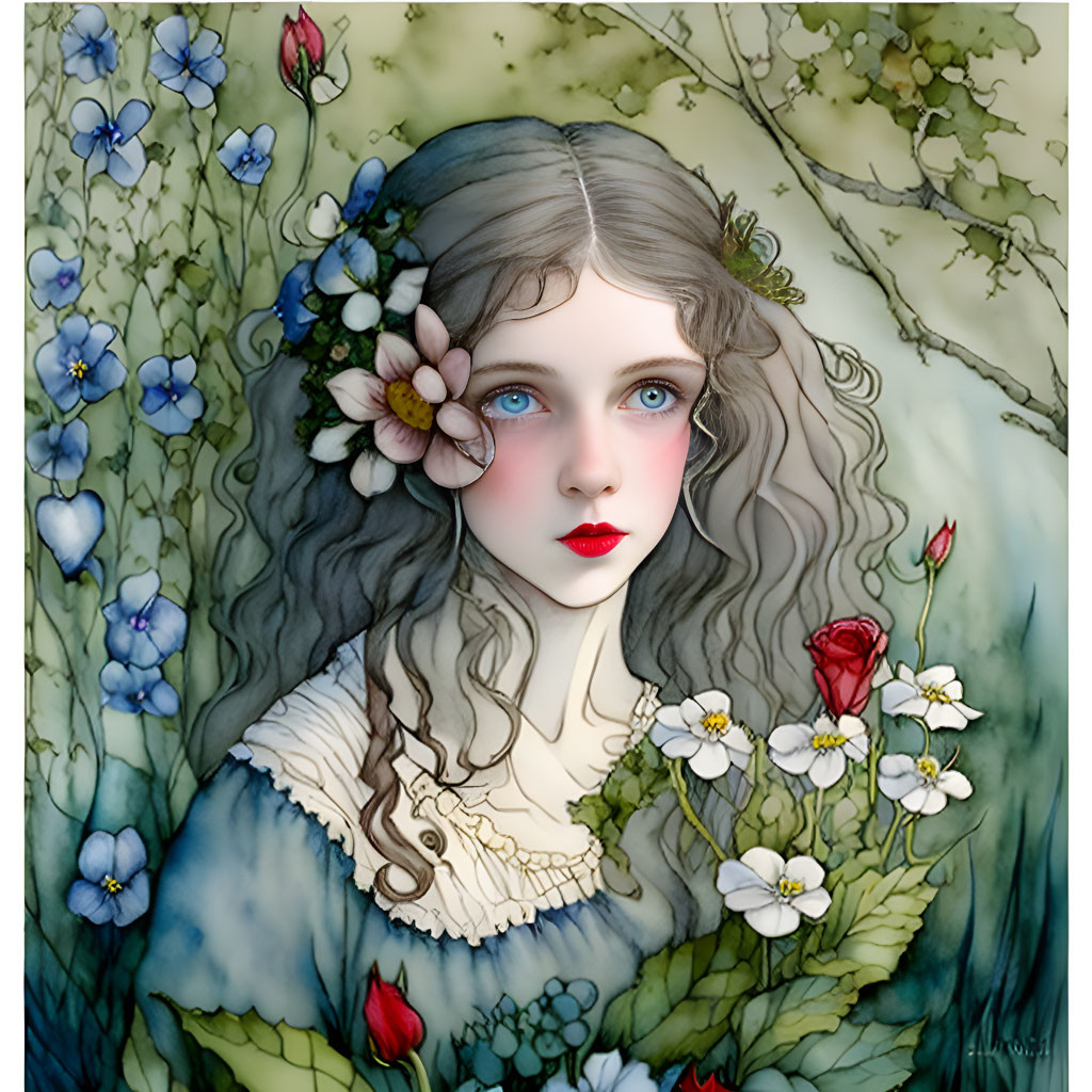 Digital illustration of young girl with wavy hair and blue eyes surrounded by flowers and greenery