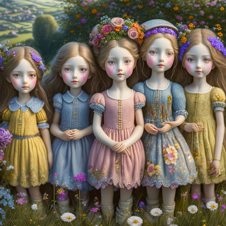 Five girls with large eyes in flower crowns in countryside field