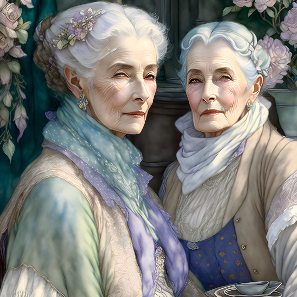 Elegantly Dressed Elderly Women with Floral Accents