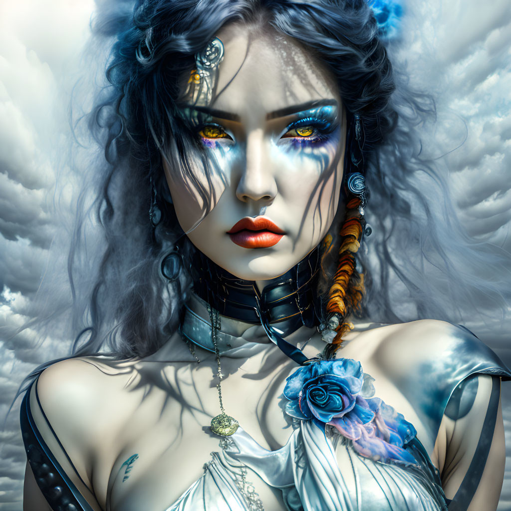 Fantasy portrait of woman with blue eyes, silver hair, makeup, jewelry, holding blue rose